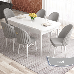 Elf Serisi 80x132 Açılabilir Beyaz Masa Takımı Ve 6 Gri Sandalye Gri