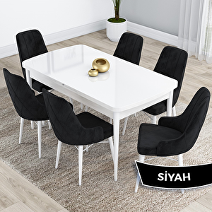 Kar Serisi 80x132 Açılabilir Mdf Beyaz Masa Takımı Ve 6 Siyah Sandalye Siyah