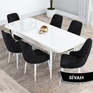 Kar Serisi 80x132 Açılabilir Mdf Beyaz Masa Takımı Ve 6 Siyah Sandalye Siyah