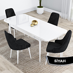 Kar Serisi 80x132 Açılabilir Mdf Beyaz Masa Takımı Ve 4 Siyah Sandalye Siyah