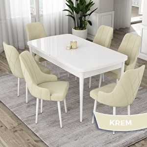 Eta Serisi 80x132 Açılabilir Mdf Beyaz Masa Takımı Ve 6 Krem Sandalye