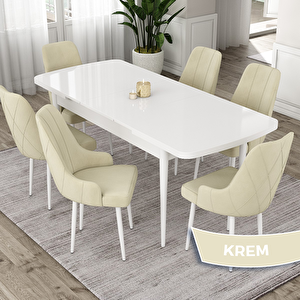 Eta Serisi 80x132 Açılabilir Mdf Beyaz Masa Takımı Ve 6 Krem Sandalye