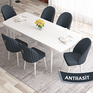 Elf Serisi 80x132 Açılabilir Beyaz Masa Takımı Ve 6 Antrasit Sandalye Antrasit