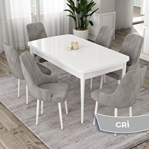 Eta Serisi 80x132 Açılabilir Mdf Beyaz Masa Takımı Ve 6 Gri Sandalye Gri
