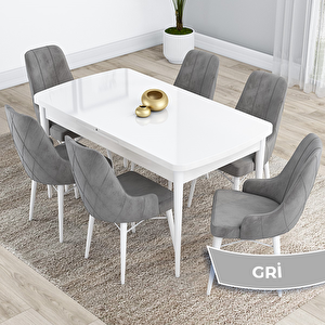 Kar Serisi 80x132 Açılabilir Mdf Beyaz Masa Takımı Ve 6 Gri Sandalye Gri