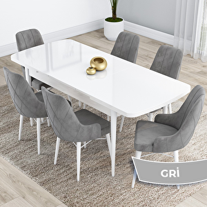 Kar Serisi 80x132 Açılabilir Mdf Beyaz Masa Takımı Ve 6 Gri Sandalye Gri