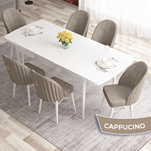 Elf Serisi 80x132 Açılabilir Beyaz Masa Takımı Ve 6 Cappucino Sandalye Cappucino