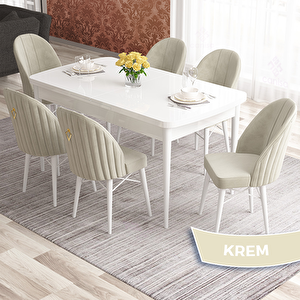 Elf Serisi 80x132 Açılabilir Beyaz Masa Takımı Ve 6 Krem Sandalye Krem