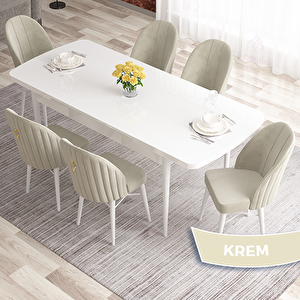 Elf Serisi 80x132 Açılabilir Beyaz Masa Takımı Ve 6 Krem Sandalye Krem
