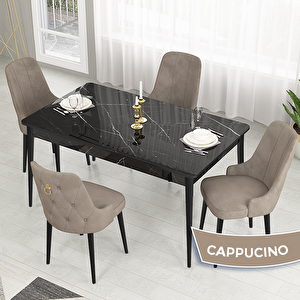 Lav Serisi 80x132 Siyah Mermer Desen Masa Takımı Ve Gold Halkalı 4 Cappucino Sandalye Cappucino