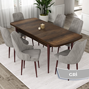 Eta Serisi 80x132 Açılabilir Mdf Barok Ahşap Desen Masa Takımı Ve 6 Gri Sandalye Gri