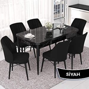 Nef Serisi 70x114 Açılabilir Mdf Siyah Mermer Desen Masa Takımı Ve 6 Siyah Sandalye Siyah