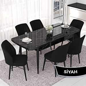 Nef Serisi 70x114 Açılabilir Mdf Siyah Mermer Desen Masa Takımı Ve 6 Siyah Sandalye Siyah
