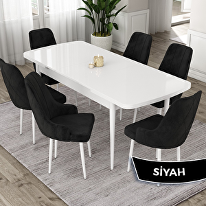 Eta Serisi 80x132 Açılabilir Mdf Beyaz Masa Takımı Ve 6 Siyah Sandalye Siyah