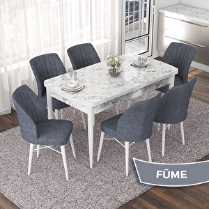Nef Serisi 70x114 Açılabilir Mdf Beyaz Mermer Desen Masa Takımı Ve 6 Füme Sandalye Füme