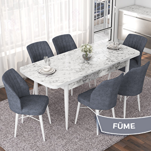 Nef Serisi 70x114 Açılabilir Mdf Beyaz Mermer Desen Masa Takımı Ve 6 Füme Sandalye Füme