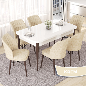 Nef Serisi 70x114 Açılabilir Mdf Beyaz Ceviz Ayak Masa Takımı Ve 6 Krem Sandalye Krem