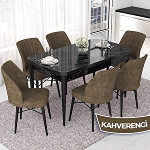 Nef Serisi 70x114 Açılabilir Mdf Siyah Mermer Desen Masa Takımı Ve 6 Kahverengi Sandalye Kahverengi