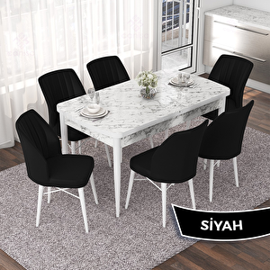Nef Serisi 70x114 Açılabilir Mdf Beyaz Mermer Desen Masa Takımı Ve 6 Siyah Sandalye Siyah