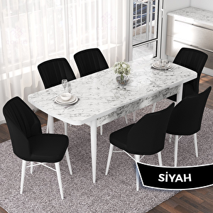 Nef Serisi 70x114 Açılabilir Mdf Beyaz Mermer Desen Masa Takımı Ve 6 Siyah Sandalye Siyah