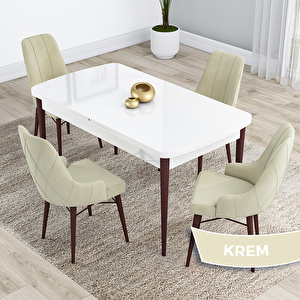 Kar Serisi 80x132 Açılabilir Mdf Beyaz Ceviz Ayak Masa Takımı Ve 4 Krem Sandalye Krem