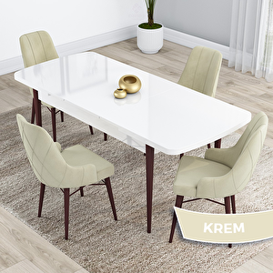 Kar Serisi 80x132 Açılabilir Mdf Beyaz Ceviz Ayak Masa Takımı Ve 4 Krem Sandalye Krem