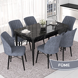 Nef Serisi 70x114 Açılabilir Mdf Siyah Mermer Desen Masa Takımı Ve 6 Füme Sandalye Füme