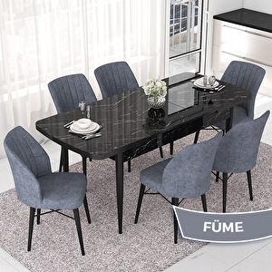 Nef Serisi 70x114 Açılabilir Mdf Siyah Mermer Desen Masa Takımı Ve 6 Füme Sandalye Füme