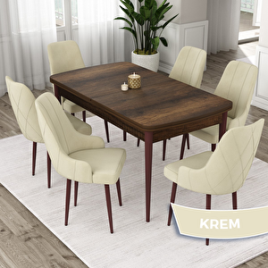 Eta Serisi 80x132 Açılabilir Mdf Barok Ahşap Desen Masa Takımı Ve 6 Krem Sandalye Krem