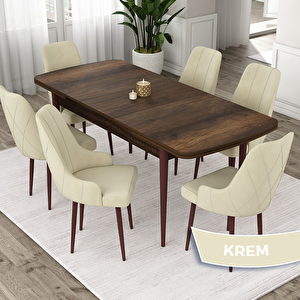 Eta Serisi 80x132 Açılabilir Mdf Barok Ahşap Desen Masa Takımı Ve 6 Krem Sandalye Krem