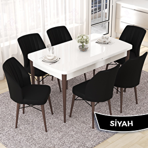 Nef Serisi 70x114 Açılabilir Mdf Beyaz Ceviz Ayak Masa Takımı Ve 6 Siyah Sandalye Siyah
