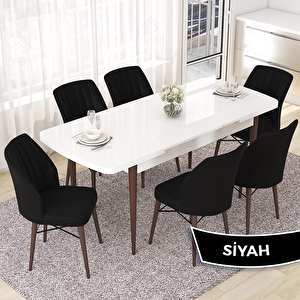 Nef Serisi 70x114 Açılabilir Mdf Beyaz Ceviz Ayak Masa Takımı Ve 6 Siyah Sandalye Siyah
