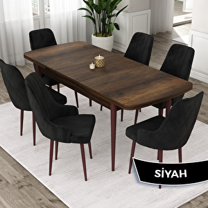 Eta Serisi 80x132 Açılabilir Mdf Barok Ahşap Desen Masa Takımı Ve 6 Siyah Sandalye Siyah