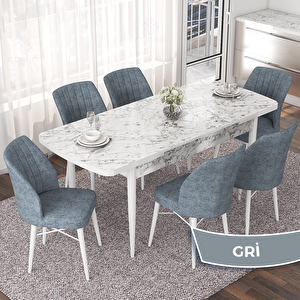 Nef Serisi 70x114 Açılabilir Mdf Beyaz Mermer Desen Masa Takımı Ve 6 Gri Sandalye Gri