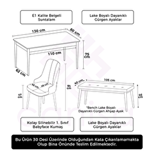 Lav Serisi 80x132 Beyaz Mutfak Masa Takımı Gold Halkalı 4 Gri Sandalye Ve 1 Bench