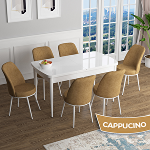 Han Serisi 70x114 Açılabilir Mdf Beyaz Masa Takımı Ve 6 Cappucino Sandalye Cappucino