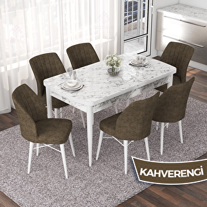 Nef Serisi 70x114 Açılabilir Mdf Beyaz Mermer Desen Masa Takımı Ve 6 Kahverengi Sandalye Kahverengi