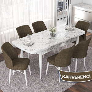 Nef Serisi 70x114 Açılabilir Mdf Beyaz Mermer Desen Masa Takımı Ve 6 Kahverengi Sandalye Kahverengi