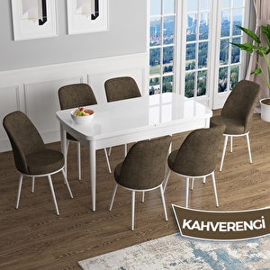 Han Serisi 70x114 Açılabilir Mdf Beyaz Masa Takımı Ve 6 Kahverengi Sandalye Kahverengi
