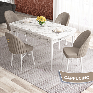 Elf Serisi 80x132 Açılabilir Beyaz Mermer Desen Masa Takımı Ve 4 Cappucino Sandalye Cappucino