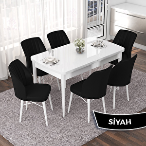Nef Serisi 70x114 Açılabilir Mdf Beyaz Masa Takımı Ve 6 Siyah Sandalye Siyah