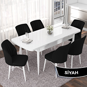 Nef Serisi 70x114 Açılabilir Mdf Beyaz Masa Takımı Ve 6 Siyah Sandalye Siyah