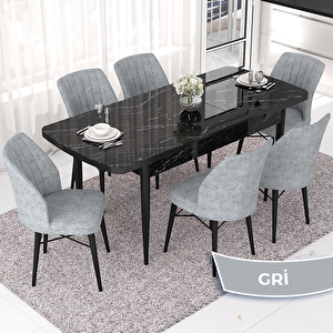Nef Serisi 70x114 Açılabilir Mdf Siyah Mermer Desen Masa Takımı Ve 6 Gri Sandalye Gri