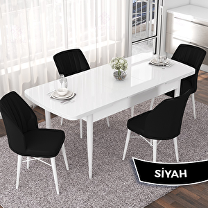 Nef Serisi 70x114 Açılabilir Mdf Beyaz Masa Takımı Ve 4 Siyah Sandalye Siyah