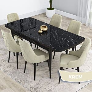 Kar Serisi 80x132 Açılabilir Mdf Siyah Mermer Desen Masa Takımı Ve 6 Krem Sandalye Krem