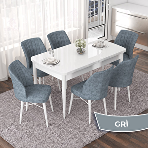 Nef Serisi 70x114 Açılabilir Mdf Beyaz Masa Takımı Ve 6 Gri Sandalye Gri