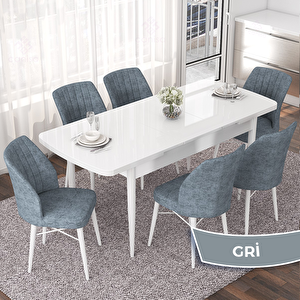 Nef Serisi 70x114 Açılabilir Mdf Beyaz Masa Takımı Ve 6 Gri Sandalye Gri