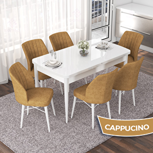 Nef Serisi 70x114 Açılabilir Mdf Beyaz Masa Takımı Ve 6 Cappucino Sandalye Cappucino