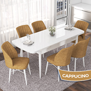 Nef Serisi 70x114 Açılabilir Mdf Beyaz Masa Takımı Ve 6 Cappucino Sandalye Cappucino