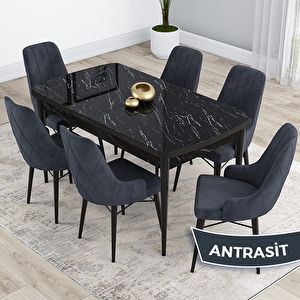 Kar Serisi 80x132 Açılabilir Mdf Siyah Mermer Desen Masa Takımı Ve 6 Antrasit Sandalye Antrasit